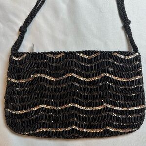 Vintage Beaded Purse Black Sequin Evening Bag Made in Hong Kong Fashion Imports